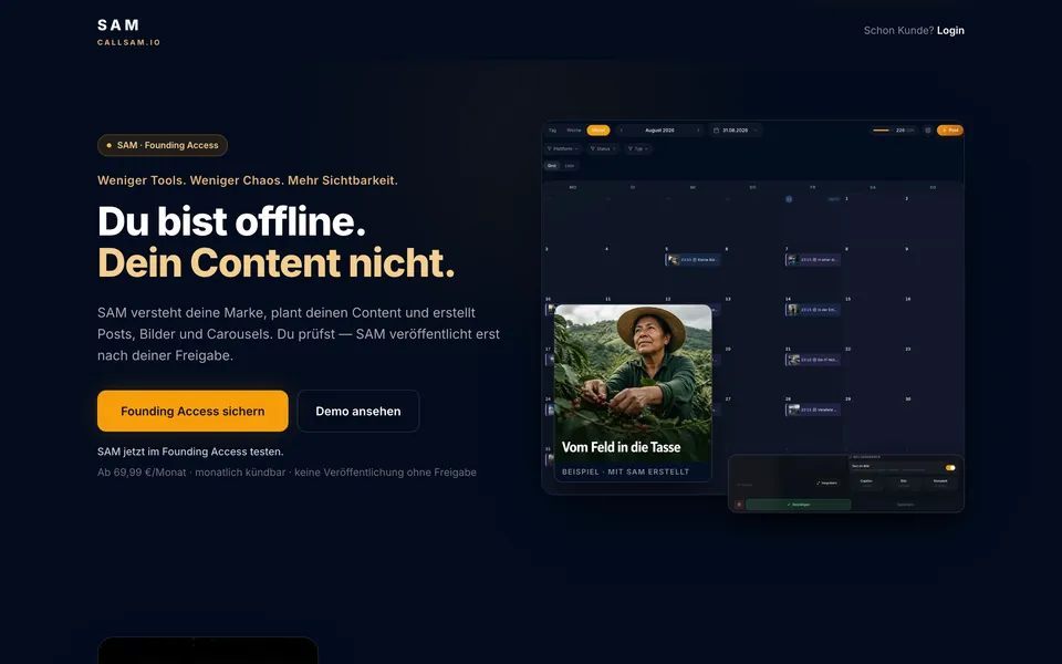Startseite von SAM auf callsam.io